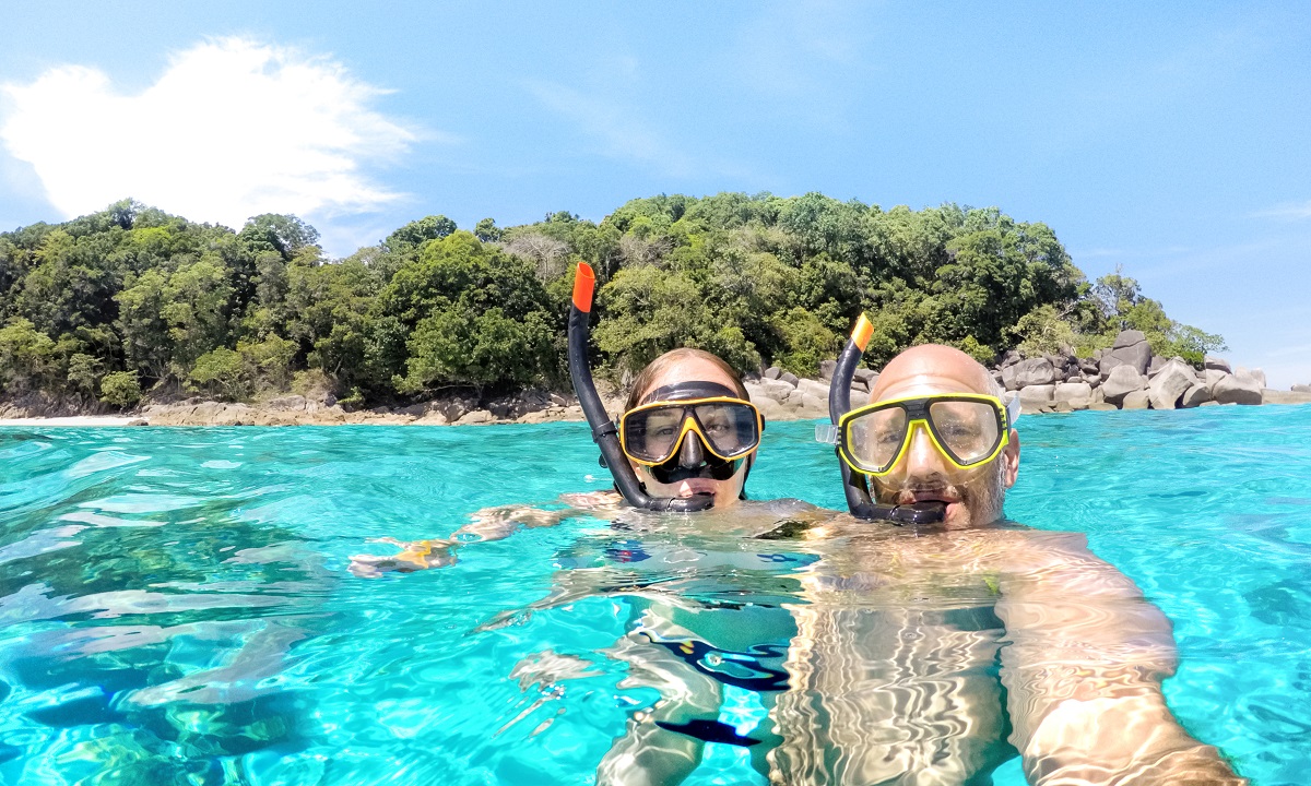 Young Couple Taking Selfie In Tropical Scenario With Waterproof