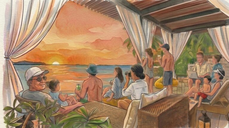 The family gathered on the deck at sunset