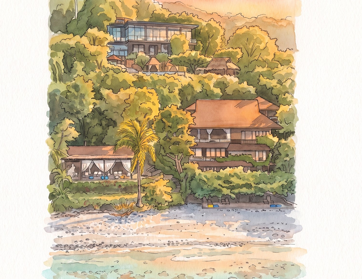 Hand-painted watercolor map of Vivere Azure above the Anilao reef.